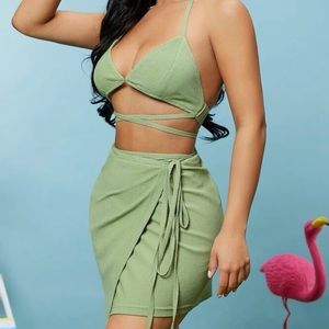 SHEIN Self Tie Backless Halter Top & Wrap Skirt Set